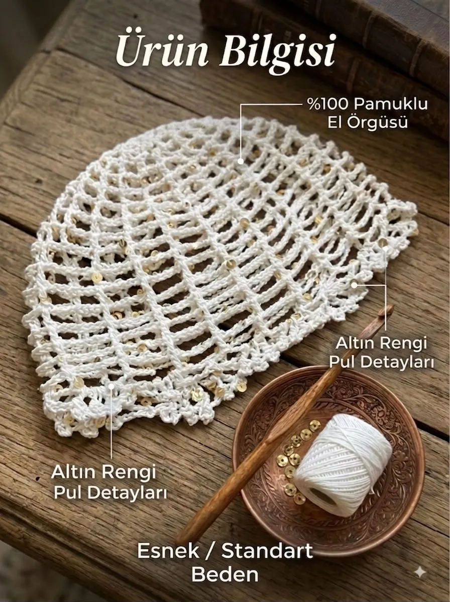 Işıltılı Pul Detaylı El Yapımı Örgü Bere / Bone (Krem / Ekru)
